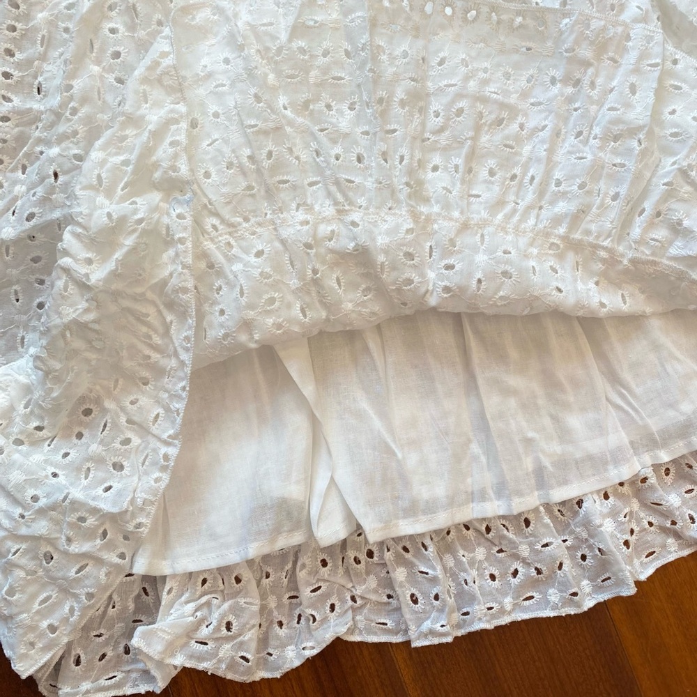A-Line White Flutter Short Sleeve Eyelet Lace Embroidery Cotton Midi Dress - Picture 5 of 15
